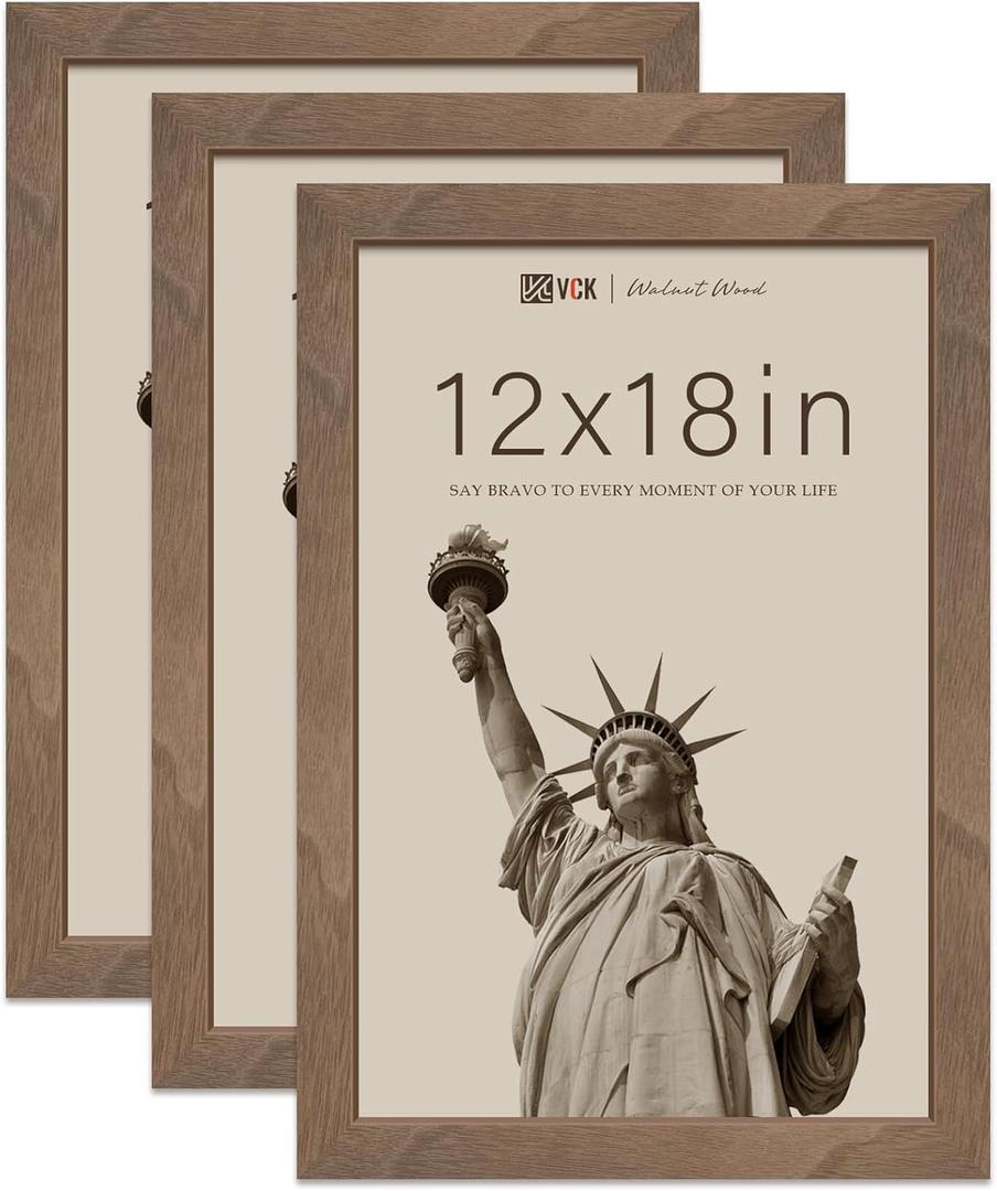 VCK 12x18 Poster Frame 3 Pack - Brown Walnut, Natural Textured Solid Wood Picture Frame, Wall Gallery Frame (12x18)