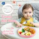 8" Large Porcelain Toddler Plates Feeding Set, Ceramic Kids Suction Plates with Anti Slip Silicone Sleeve for Baby 3 Spoons and Forks Divided Kids (Pink)
