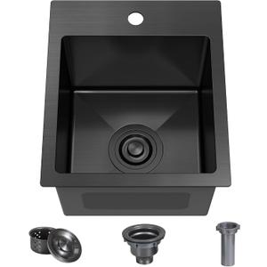 13x15x9 Inch Black Bar Sink Drop In - 18 Gauge Stainless Steel Small Kitchen Sink for RV, Wet Bar, Food Truck & Tiny Home, Nano PVD Gunmetal Matte Black Single Bowl with Strainer