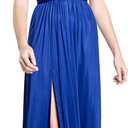 DRESS THE POPULATION Women's Krista V Neck Tie Waist Coated Jersey Slit Front Maxi Dress (Medium, Electric Blue)
