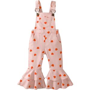 Toddler Baby Girl Valentines Clothes Ruffled Sleeves Top Heart Bell Bottoms Flared Overalls Suspender Pants Set (2-3T)