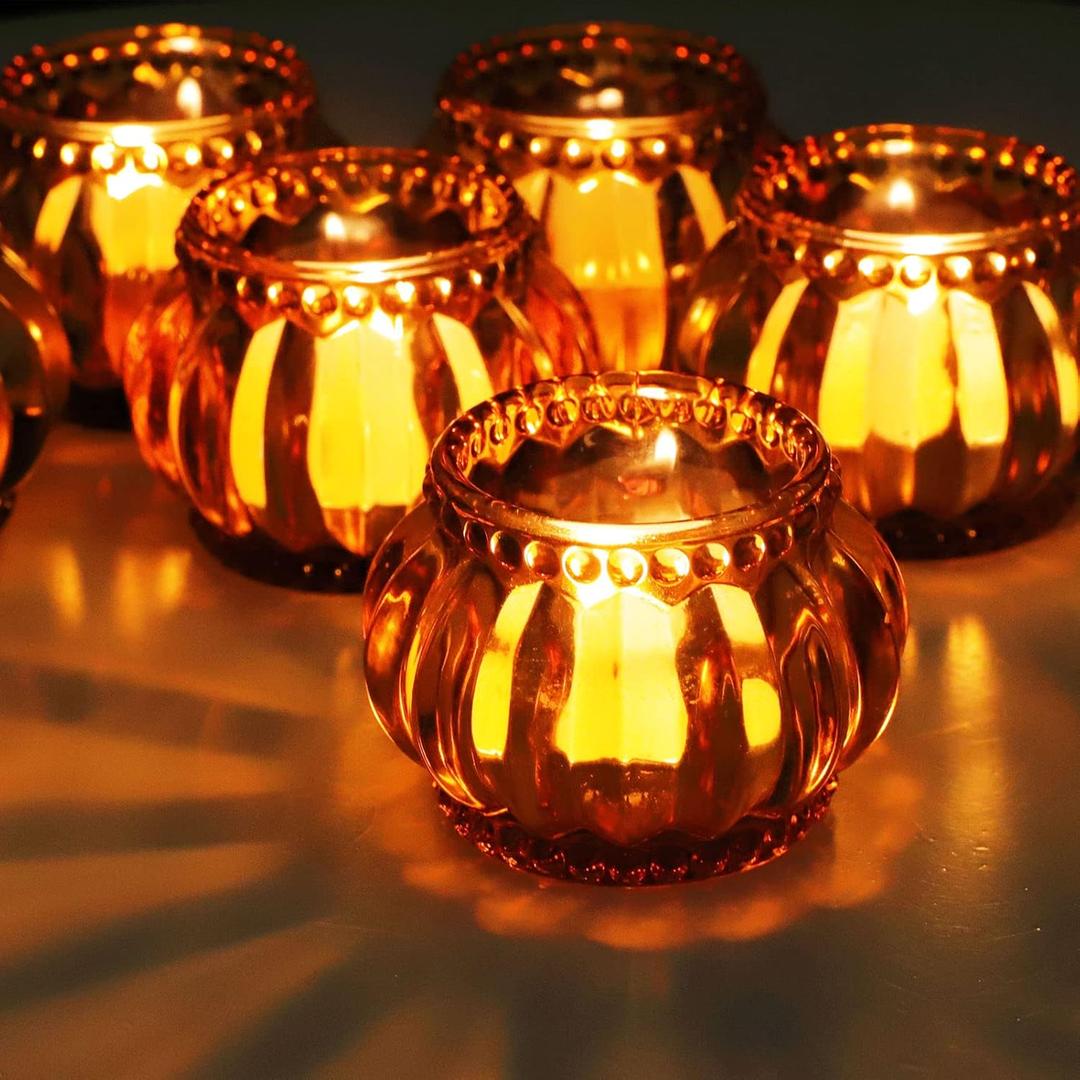 Woho Amber Tealight Candle Holder Set of 6, Tea Lights Candle Holder for Wedding Table, Glass Candle Holders Bulk for Home Decor
