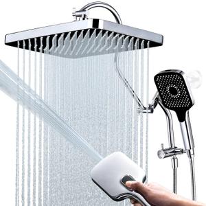 13 Inch Rainfall Shower Head with Multi-Function Handheld Sprayer Combo, 3-Way Metal Extended Diverter with Holder and Metal Adjustable Curved Shower Extension Arm, Extra Long Hose Chrome