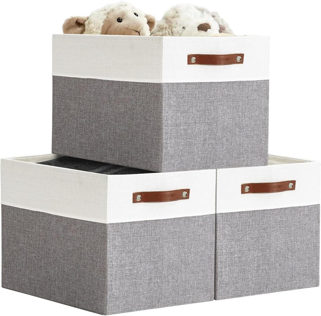 DECOMOMO Kallax Storage Cubes - 13x15x13 Storage Bins, Baskets for Organizing Shelves (Grey and White, 3-Pack)