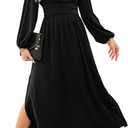 Dokotoo Womens Wrap V-Neck Empire Waist Dress Lantern Sleeve Ruched Side Slit Elegant Maxi Dress M long