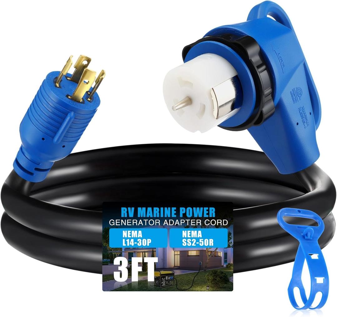 Kanayu 3FT NEMA L14-30P to SS2-50R RV Marine Power Generator Adapter Cord, 30A 4 Prong Locking Generator L14-30P Male to 50A Marine Shore Power 90 Degree Right Angle SS2-50R Female, ETL Listed