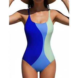 BMJL Womens One Piece Swimsuit Sports Full Coverage Bathing Suit Color Block Slimming Tummy Control Swimming Suits (Large, Blue)