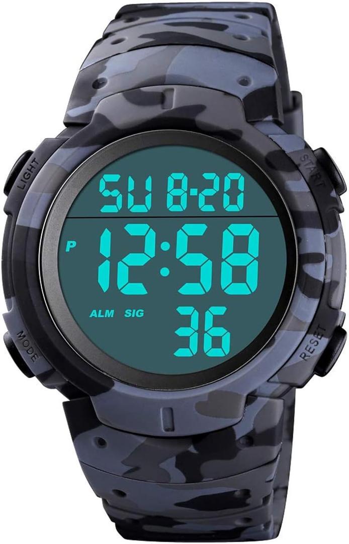 Mens Digital Sports Watch LED Screen Large Face Military Watches for Men Waterproof Casual Luminous Stopwatch Alarm Simple Army Watch (Grey Camouflage)