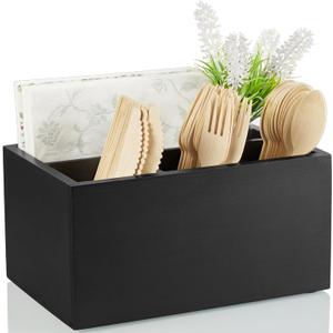 DRASTAR Silverware Caddy, Wooden Utensil Holder, Picnic Cutlery Holder, Black Silverware Holder, Plastic Silverware Caddy for Party, Countertop, Camping (Small)