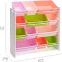 Amazon Basics Kids Toy Storage Organizer with 12 Plastic Bins, White Wood with Pink Bins, for Bedroom and Playroom, 33.85"D x 12.79"W x 35.42"H
