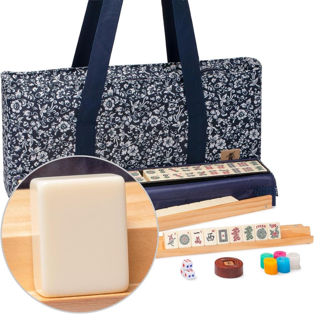 Yellow Mountain Imports American Mahjong Game Set, Blue Calico with Floral Blue Soft Case - All-in-One Racks with Pushers, Wright Patterson Scoring Coins, Dice, and Wind Indicator