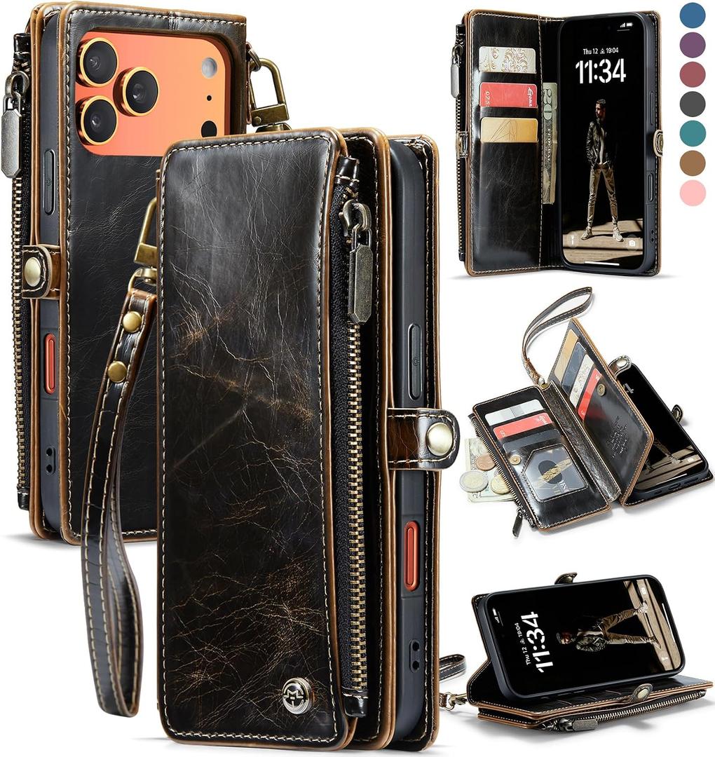 Defencase for iPhone 17 Pro Max Case Wallet with RFID Blocking Card Holder for Women and Men, Fashion PU Leather Magnetic Snap Flip Zipper Strap Wallet Phone Case for iPhone 17 Pro Max 6.9", Coffee