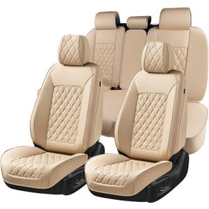 Huidasource Beige Seat Covers, Nappa Leather Car Seat Covers, Velcro Adjustable, Compatible with Airbags, Armrests, Child Seat, Universal Fit for Most Cars, Vans, Trucks, SUVs (Full Set/Beige)