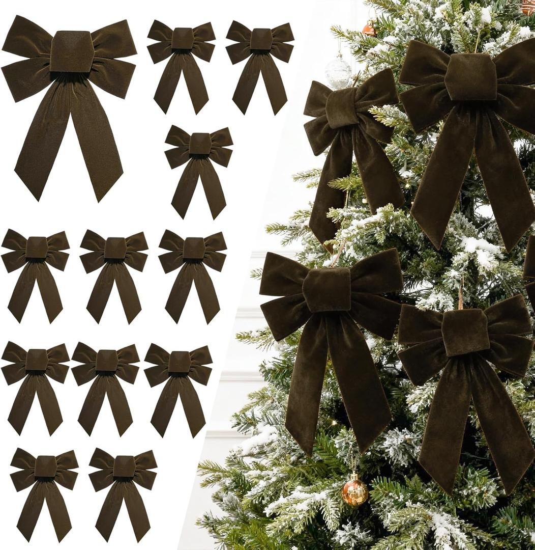 LaRibbons 12 Pack Brown Velvet Christmas Bows, 13" x 9" Large Decorative Bows for Wreath, Tree, Garland & Holiday Decor, Indoor Outdoor Christmas Decorations