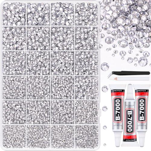 32000Pcs Resin Rhinestones for Bedazzling, Silver Clear Flatback Gems for Diamond Art, Crystal Bedazzler Kit with 3Pcs 10ml B7000 Jewelry Glue for Nail Art Crafting Clothing Book Makeup