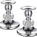 OwnMy 2PCS Silver Metal Taper Candlestick Holders Vintage Brass Taper Candle Holders, Metal Crystal Candle Stands Elegant Candlestick Holders Set for Dining Table Centerpiece Fireplace Candle Decor