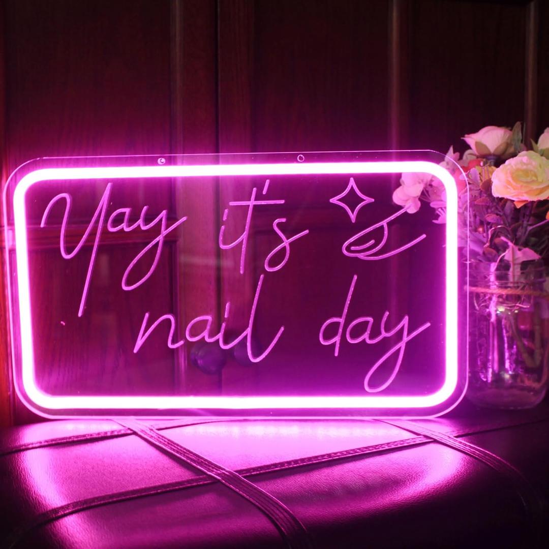 Yay It's Nail Day Neon Sign Nail Neon Light Pink LED Sign Letter Neon Light Up Sign for Nail Salon Beauty Salon Makeup Room Decoration
