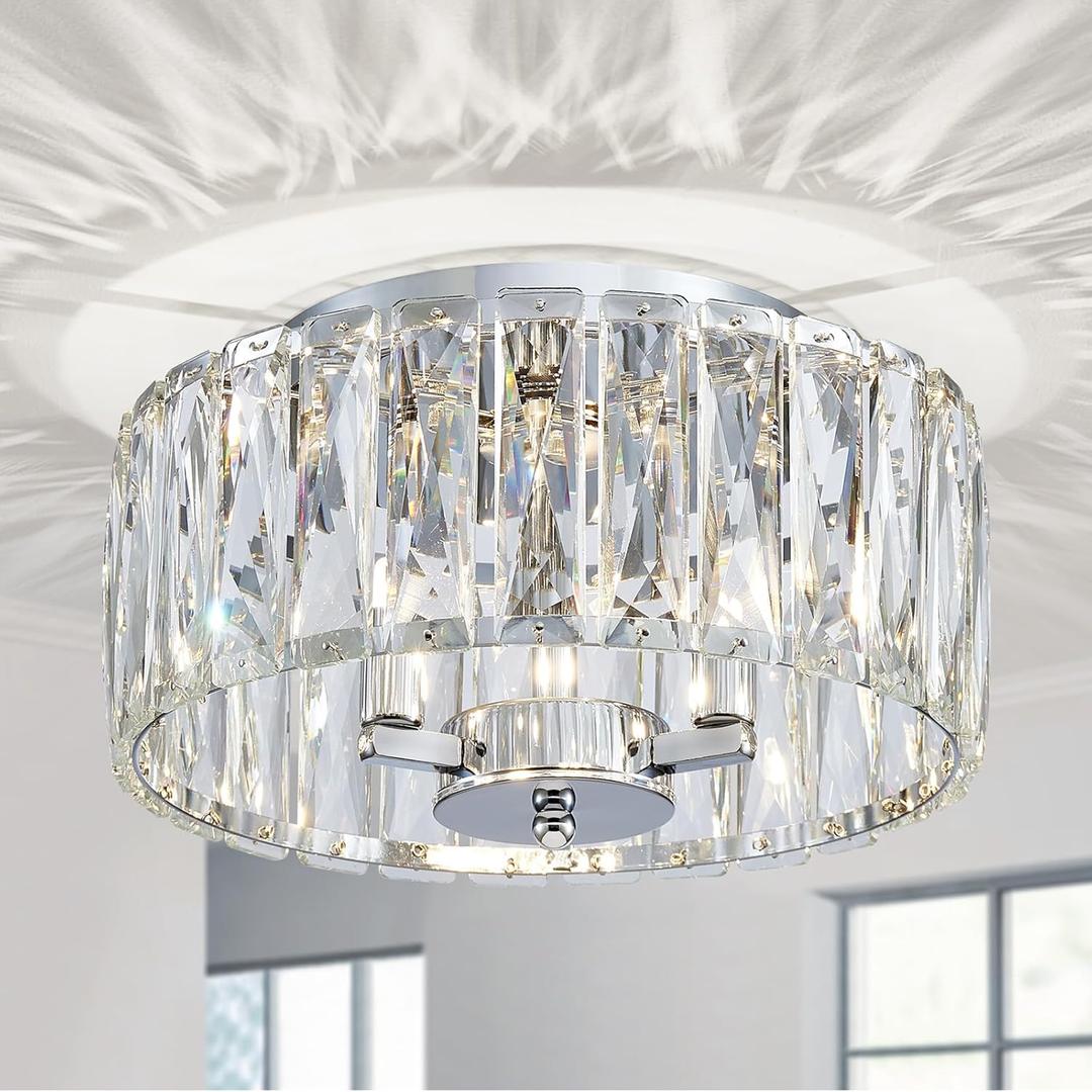 Chome Ceiling Light, Suitable Flush Mount Ceiling Light for Living Room, Dinning Room Hallway, D11.8''  H6.1'', 3 G9 Sockets, Chrome Finish Frame & K9 Crystal