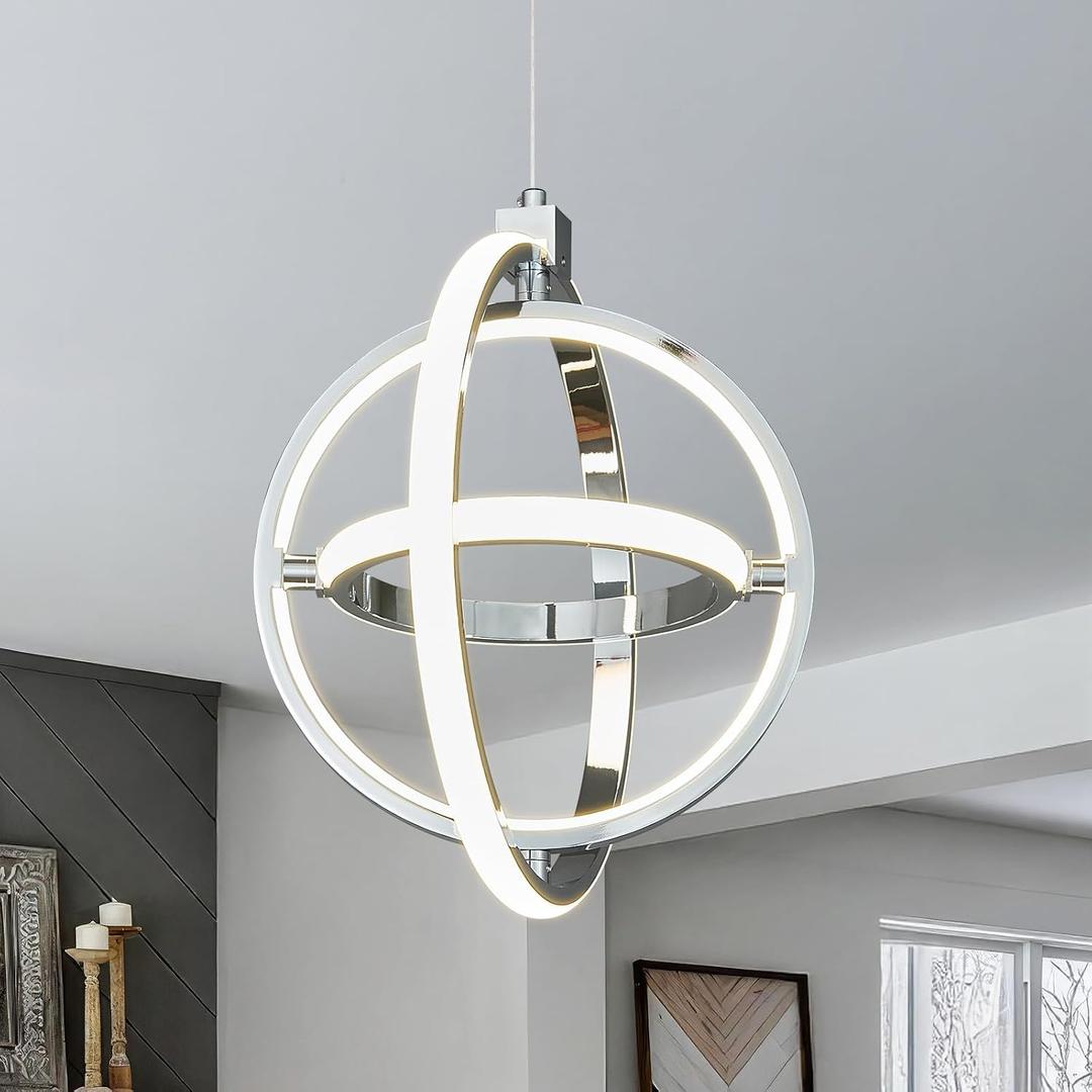 Modern LED Pendant Light Chrome Pendant Lights 4000K Dimmable External Glow Height Adjustable Pendant Lighting for Kitchen Island Dining Room Bedroom Living Room Foyer3-Ring, Round-3 Ring External Glow