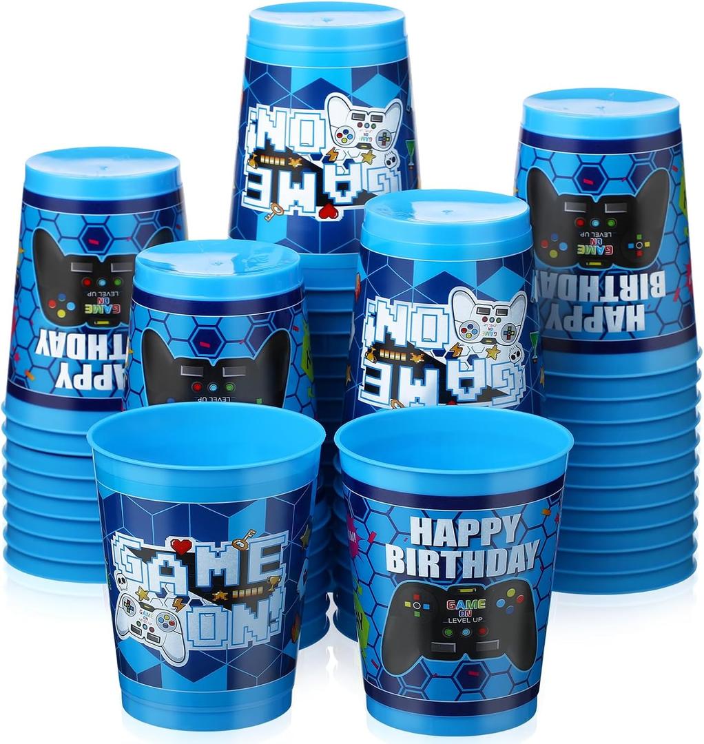 Cholemy 50 Pcs Video Game Plastic Cups 12 oz Reusable Stadium Cups for Gaming Party Favors Level Up Gamer Drinking Tumblers Birthday Party Decorations Supplies