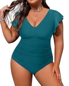 Yonique Plus Size Swimsuits for Women One Piece Tummy Control Bathing Suits Ruffle Swimwear Teal 20W