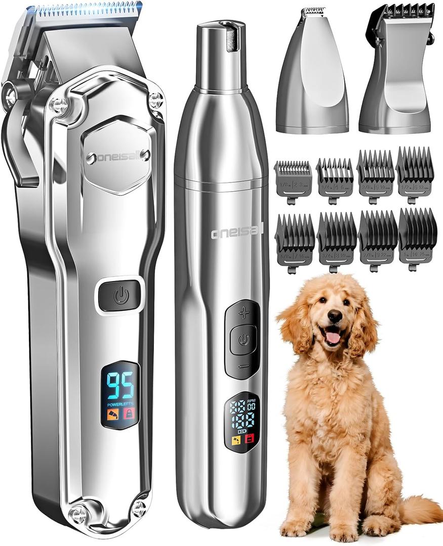 Oneisall Dog Clippers for Grooming Thick/Heavy Coats, 4-in-1 Dog Grooming Kit Low Noise with Stainless Steel Blade, Cordless Dogs Paw Trimmer Pet Nail Grinder for Small & Large Dogs Cats Animals