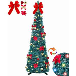 [ Timer ] 5 Ft Pop Up Christmas Tinsel Tree, Blue Collapsible Christmas Tree with 50 LED Color Light 18 DIY Ball Ornaments Bowknot Gift Boxes Battery Operated Pencil Xmas Tree Decor Indoor Home