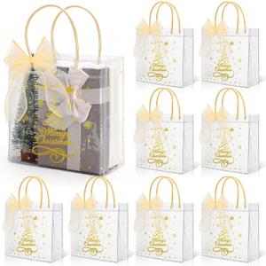 FYSUIMU 24 Pcs Christmas Clear Plastic Gift Bags with Handles Ribbon Gold Merry Christmas Tree Snowflake Candy Treat Goodie Bag PVC Tote Bags for Xmas Winter Holiday Party Favors, 7.9 x 7.9 x 3.1 Inch