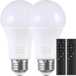 A19 LED Light Bulbs with Remote Control, 800LM 9W, 60W Equivalent LED Bulbs,Stepless Dimmable 3000K-6000K,E26 Base,CRI 80+,2.4GHz,25000+ Hours Lifespan,Light Bulb for Home Decor,2Bulb&2Remote