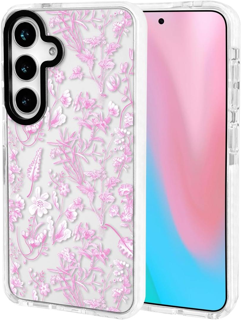 ChiCsFleur for Samsung Galaxy S25 Case, TPU Phone case with Camera Protection for Women Girls Teens - Pink Chinoiserie Decor Elegant Artistic Minimalist Floral Blossom Gift Sorority Aesthetic Unique (Bluselle)