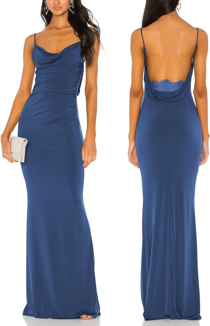 Aigeman Women Spaghetti Straps Mermaid Evening Gown Wedding Guest Dress Drape Neck Lace Backless Formal Maxi Dress 21 (Medium, Denim Blue)