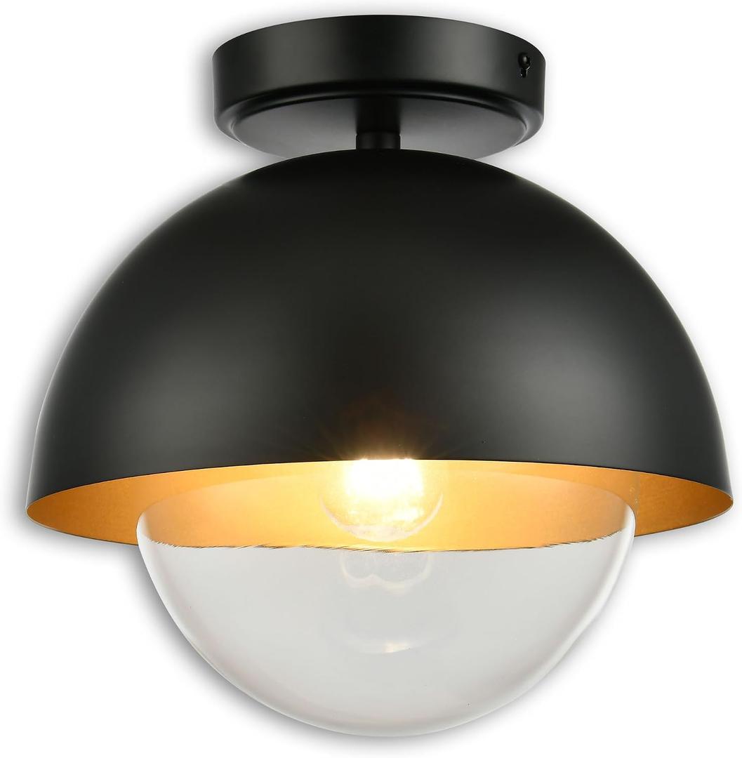 Graphite Black Semi Flush Mount Light, 9.8"x9.5" Modern Dome Ceiling Fixture with Clear Inner Glass Globe, E26 Socket for Bedroom, Hallway, Entryway Graphite Black