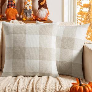 MIULEE Pack of 2 Farmhouse Buffalo Check Plaids Polyester Linen Soft Soild Decorative Square Throw Pillow Covers Outdoor Home Decor Cushion Case for Sofa Bedroom 18x18 Inch Cream White and White