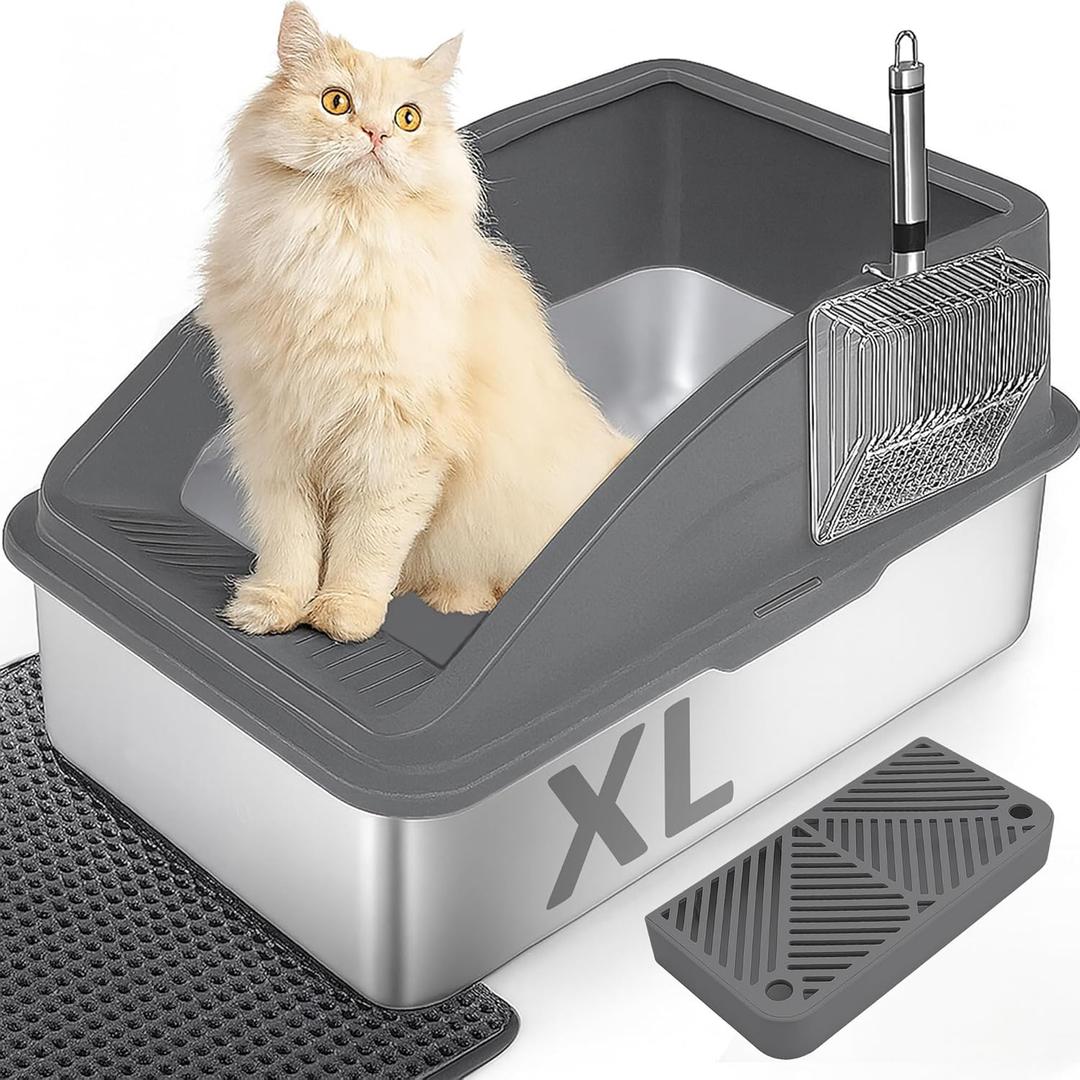 Cat Litter Box Stainless Steel Enclosure, Comfortable Space for Large Cats and Kittens, Easy to Clean Smooth Surface, Durable Metal Build with Cover, Litter Pad, Footboard and Shovel (Dark Gray), 23.2"L x 15.7"W x 12.2"H