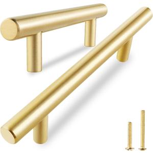 QOGRISUN 5-Pack Solid Brass Cabinet Pulls, Gold Euro Style T Bar Handles, 3-Inch Hole Center for Kitchen Drawer Dresser Cupboard, 4.9-Inch Total Length, Brushed Brass Finish