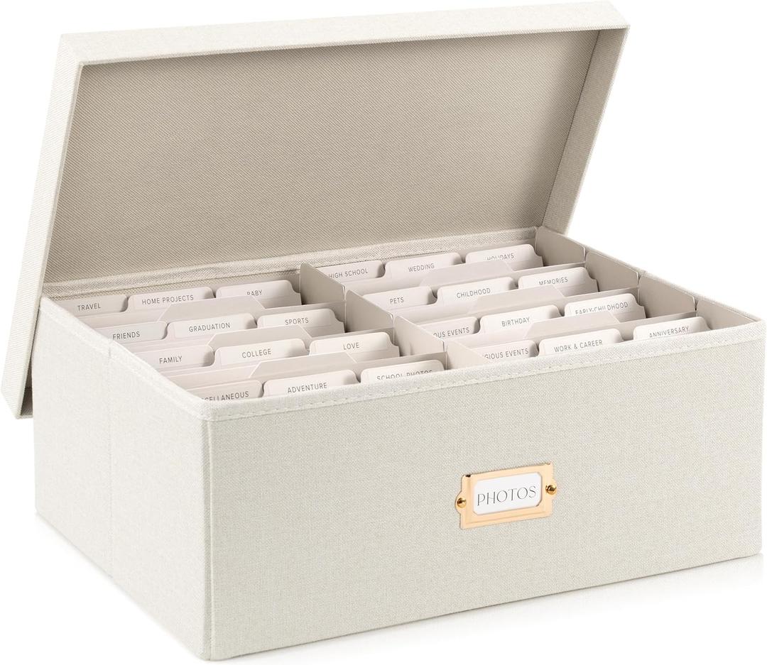 ZICOTO Decorative Photo Storage Box - Sturdy Linen Photo Organizer with Dividers is Perfect to Store Up to 1700 Pictures and 5x7 Photos - Portable Scrapbook Storage Containers with Lid (Beige)
