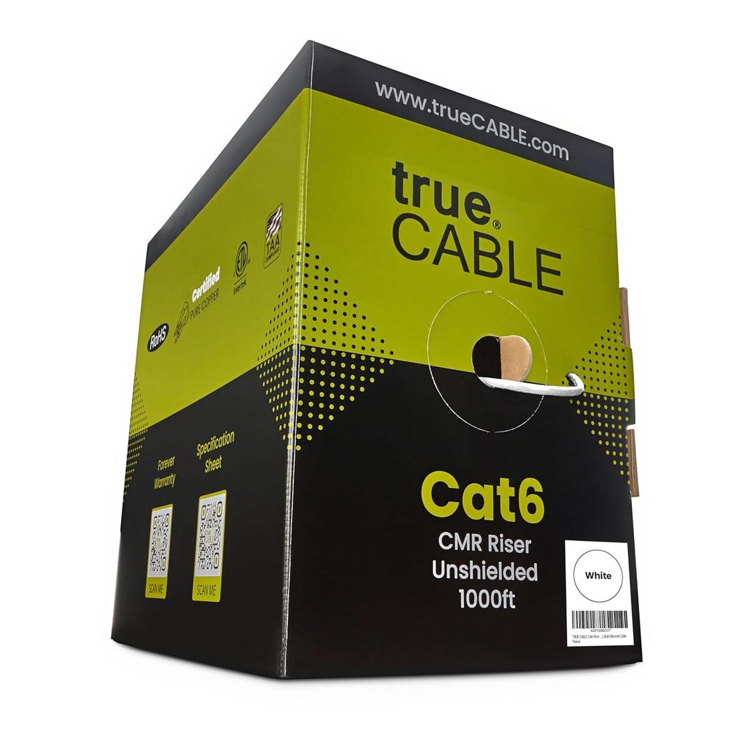 TRUE CABLE Cat6 Riser (CMR), 1000ft, White, 23AWG 4 Pair Solid Bare Copper, 550MHz, ETL Listed, Unshielded Twisted Pair (UTP), Bulk Ethernet Cable