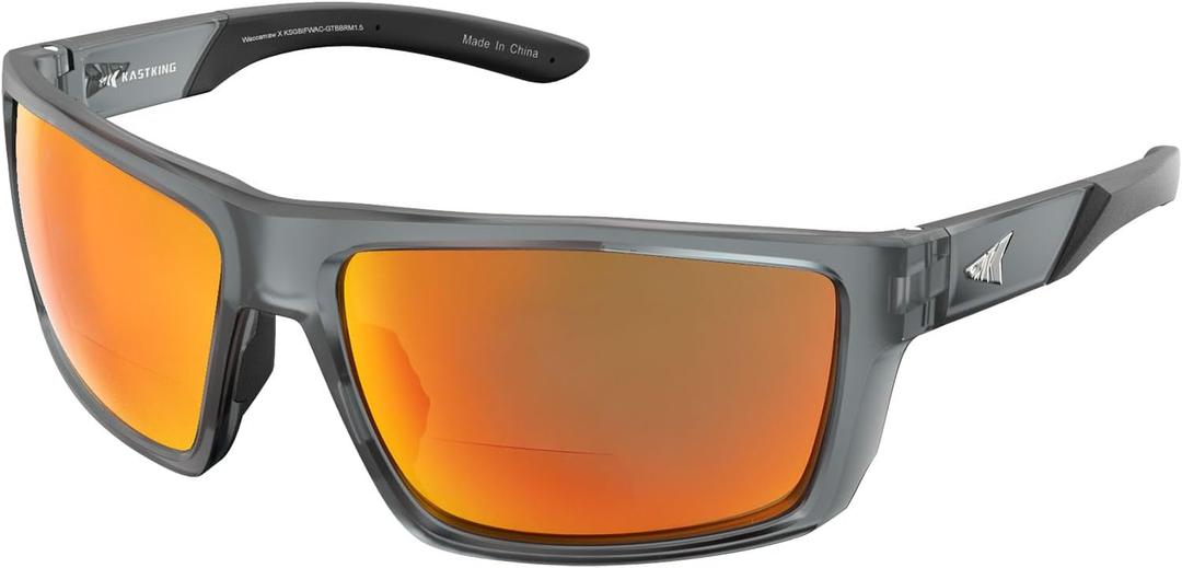 KastKing Waccamaw Polarized Bifocal Sunglasses, x1.5 x2.0 x2.5 Magnifications, Wrap Around Sport Reader Sunglasses for Men (Matte Smoke Crystal Frame, Brown-red Mirror)
