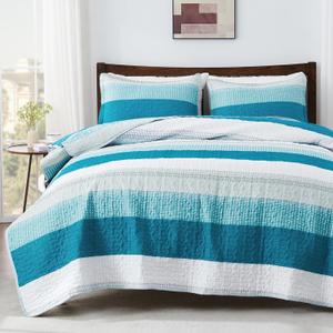 Andency Teal White Quilt Queen(90x96Inch), 3 Pieces (1 Striped Quilt and 2 Pillowcases) Patchwork Bedspread Coverlet Set, Soft Lightweight Quilted Bedding Set