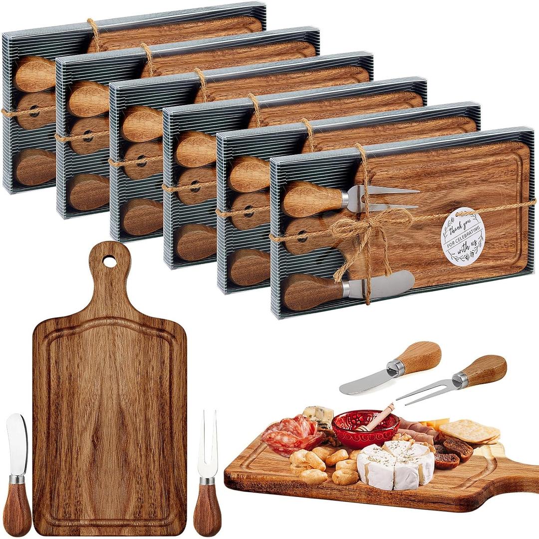 6 Set Bridal Baby Shower Cheese Prizes Wooden Square Board Gift Set Knives Forks Thank You Tags with Box for Guests for Valentines Bridal Baby Shower Housewarming Gifts (Acacia Color)