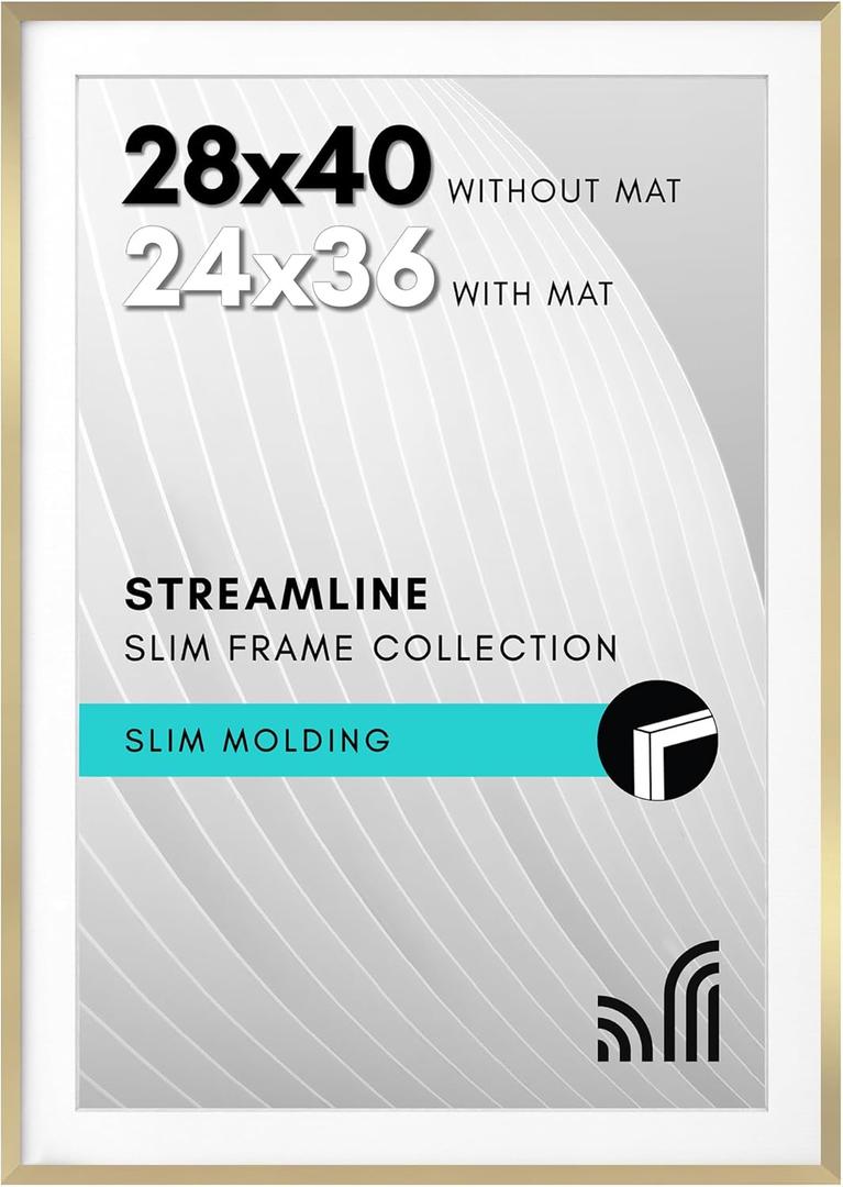 Americanflat 28x40 Poster Frame with Polished Plexiglass - Use as 24x36 Frame with Mat or Display 28x40 Photo Without Mat - Streamline Collection - Thin Border Picture Frames for Wall - Gold