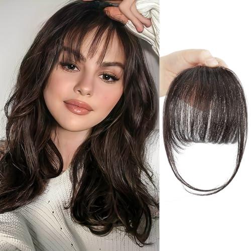 BOGSEA Clip in Bangs Real Human Hair Bangs Hair Clip Fringe with Temples Hairpieces for Women Natural Looking Fake Bangs for Daily Wear (Wispy Bangs, Dark Brown)