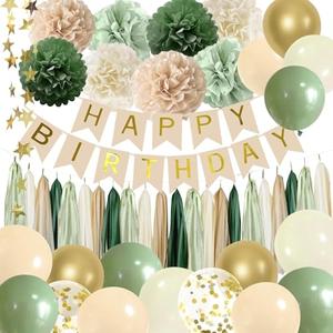 ELTNEGSA Sage Green Birthday Party Decorations with Banner, Tissue Tassels, Paper Pompoms, Balloons, Star Garland, Cake Topper