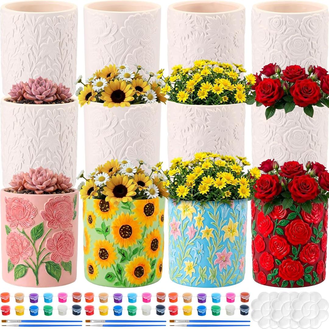 Zubebe 12 Pcs Paint Your Own Ceramic Pots Bulk Unfinished Succulent Pots Craft Kit with Drainage Hole Mini Paintable Plant Vase Ready to Paint Planter for Cactus DIY Craft (Elegant Flowers Cylinder)