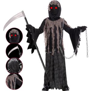 Grim Reaper Halloween Costume with Glowing Red Eyes for Kids, Scythe Included (Large, Light Black)