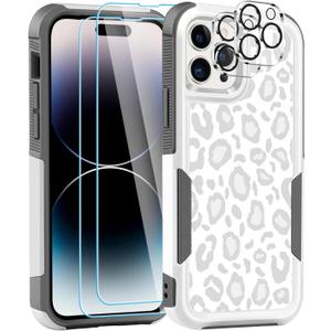 [5 in 1 for iPhone 14 Pro Max Case,with 2 Pack Screen Protector + 2 Pack Camera Lens Protector,Heavy-Duty Tough Rugged Lightweight Slim Shockproof Protective Case for Women,Cute White Leopard