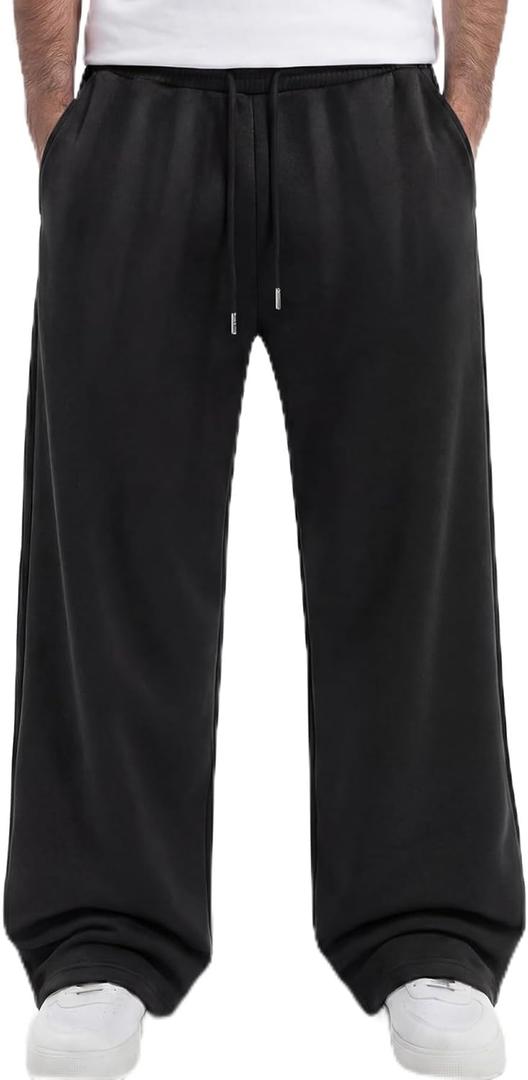ZUGJAM Men's Baggy Sweatpants Wide Leg Lounge Sweat Pants with Pockets (Black, L)