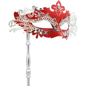 Coddsmz Masquerade Mask with Stick Venetian Mask Mardi Gras Decorations for Womens Halloween Costume Mask, Red and Silver