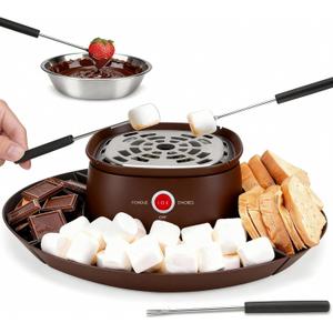 SugarWhisk 2 in 1 Electric Smore Maker & Fondue Set, Marshmallow Roaster with 4 Forks, Indoor Smores Kit for Kids & Couples, Cheese & Chocolate Fondue Pot, 4 Detachable Trays, Brown