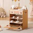Robud Wooden Dishwasher Playset for Kids - Pretend Kitchen Sink with Faucet, Turning Knobs, Dish Rack & Tableware for Toddler Role Play Toy Ages 3+, Caramel